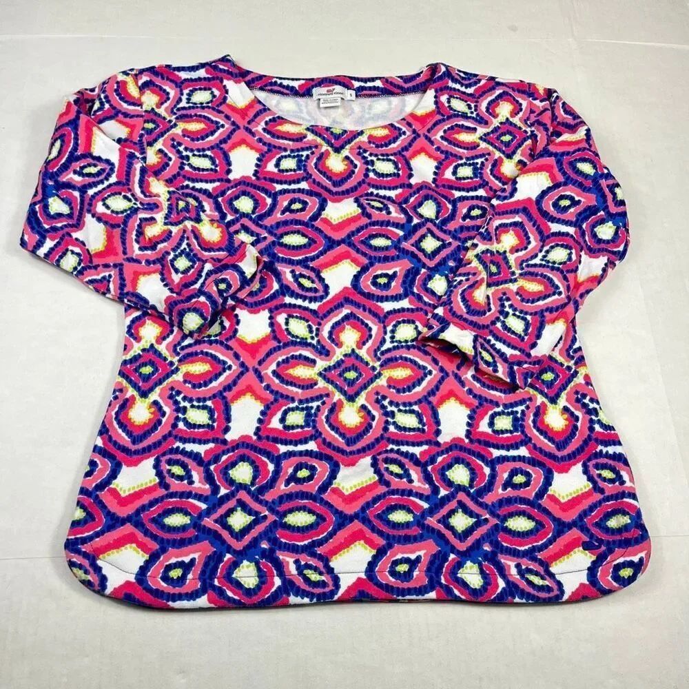 Vineyard Vines Ikat Knit Top Colorful Sweatshirt 3/4 Sleeve Casual Pullover S